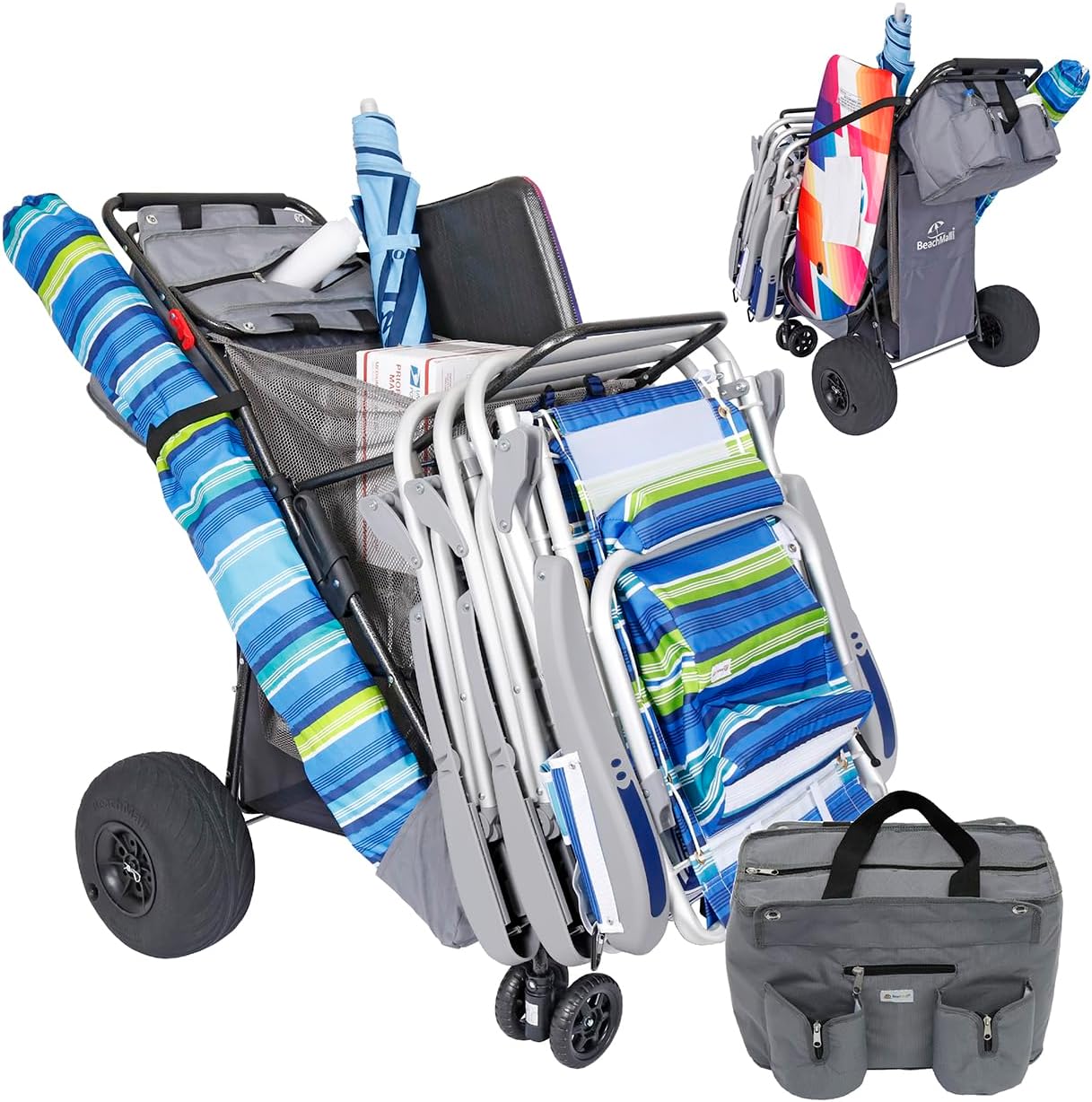 "Ultimate Beach Cart with Balloon Wheels on Sand," "Beach Cart with Insulated Cooler Bag and Umbrella Holder."