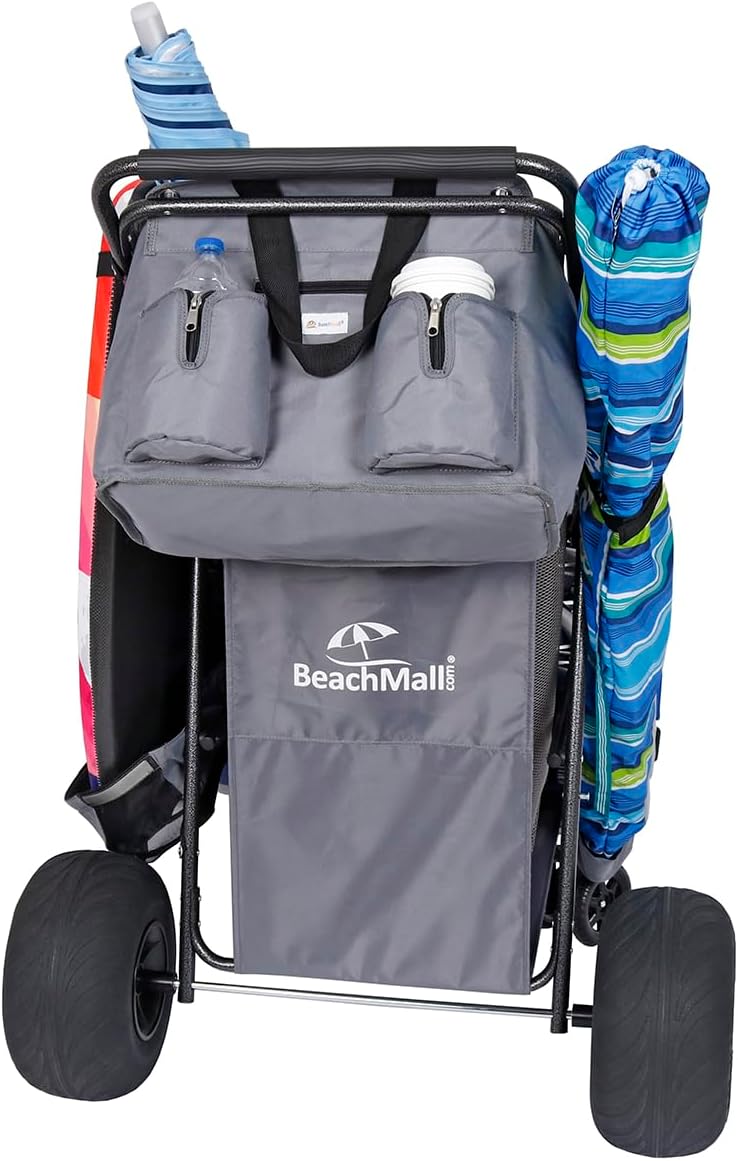 "Ultimate Beach Cart with Balloon Wheels on Sand," "Beach Cart with Insulated Cooler Bag and Umbrella Holder."