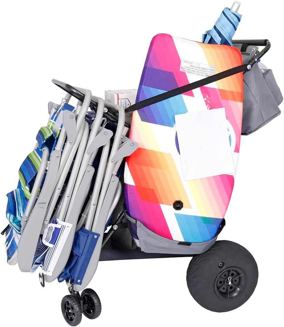 "Ultimate Beach Cart with Balloon Wheels on Sand," "Beach Cart with Insulated Cooler Bag and Umbrella Holder."