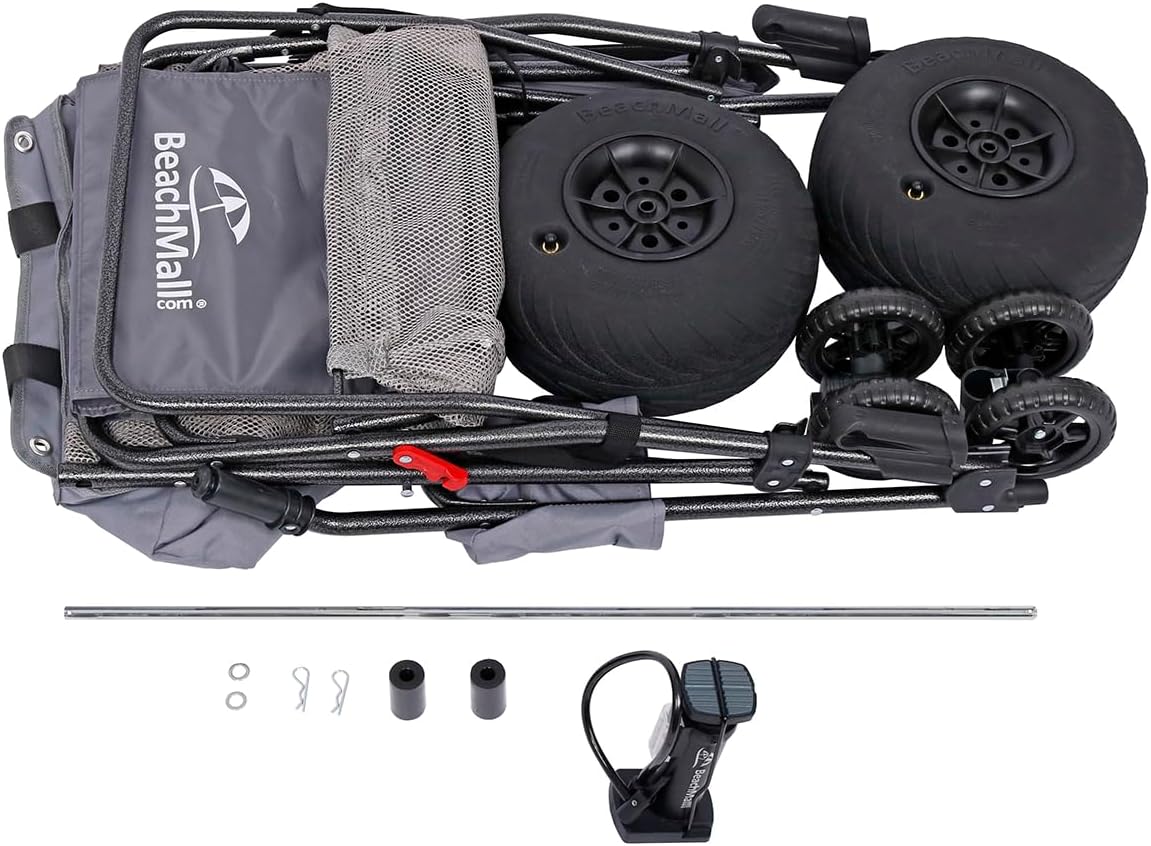 "Ultimate Beach Cart with Balloon Wheels on Sand," "Beach Cart with Insulated Cooler Bag and Umbrella Holder."
