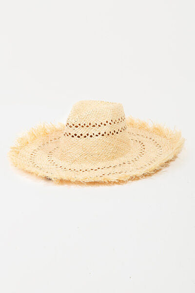 Fame Openwork Raw Hem Weave Hat – 100% paper, stylish summer accessory.