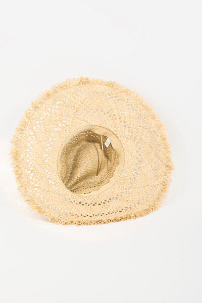 Fame Openwork Raw Hem Weave Hat – 100% paper, stylish summer accessory.
