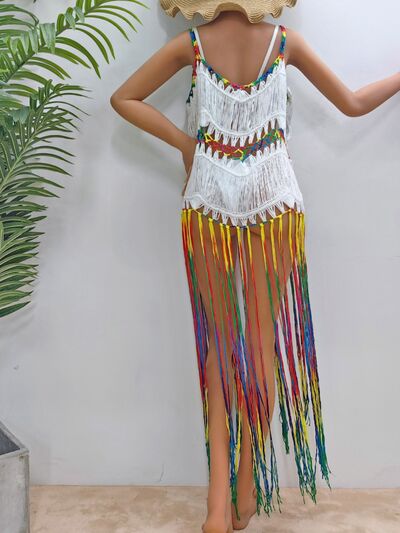 Fringe Scoop Neck Spaghetti Strap Cover-Up – sheer beachwear with fringe hem detail and spaghetti straps.