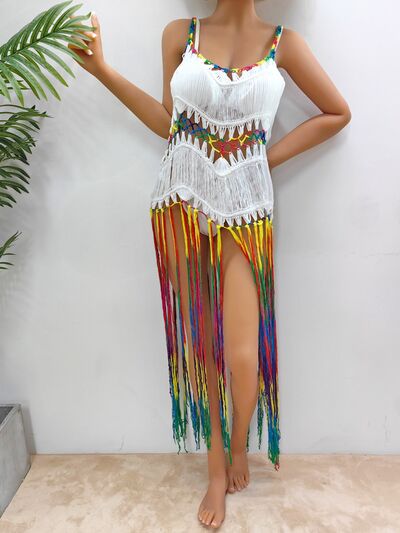 Fringe Scoop Neck Spaghetti Strap Cover-Up – sheer beachwear with fringe hem detail and spaghetti straps.
