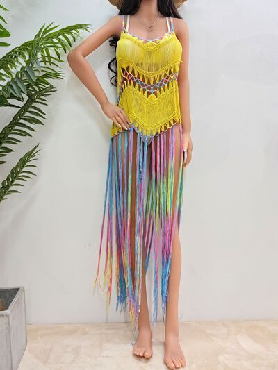 Fringe Scoop Neck Spaghetti Strap Cover-Up – sheer beachwear with fringe hem detail and spaghetti straps.