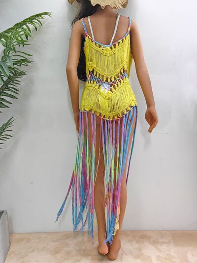 Fringe Scoop Neck Spaghetti Strap Cover-Up – sheer beachwear with fringe hem detail and spaghetti straps.