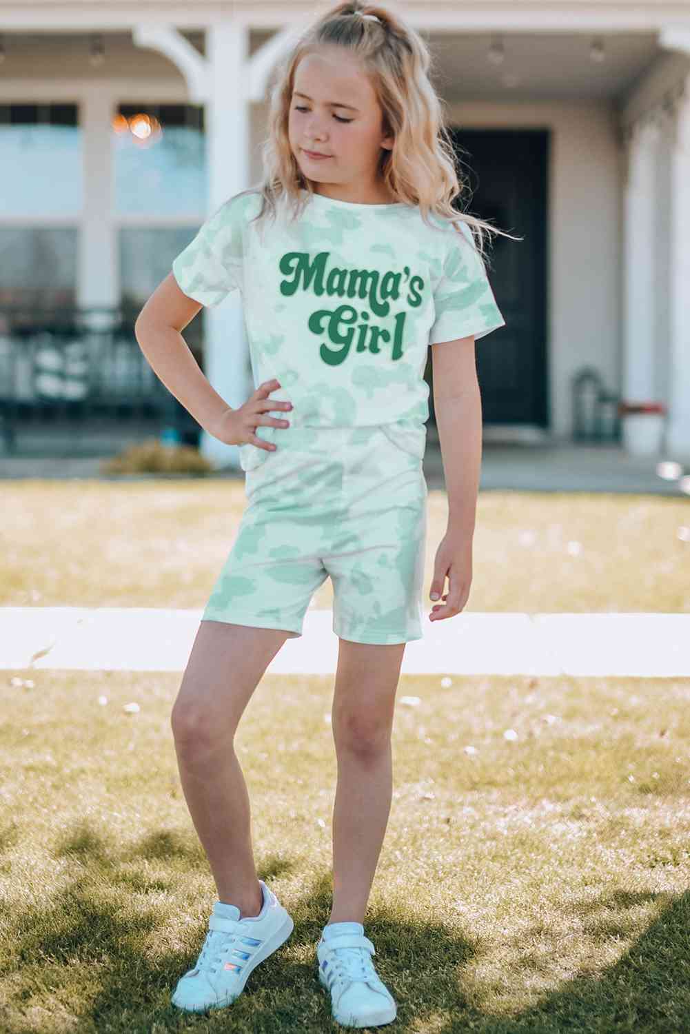 Girls Printed Letter Graphic Lounge Set with short sleeve tee and elastic waistband pants, made from 95% polyester and 5% spandex, available for ages 4-11 years.