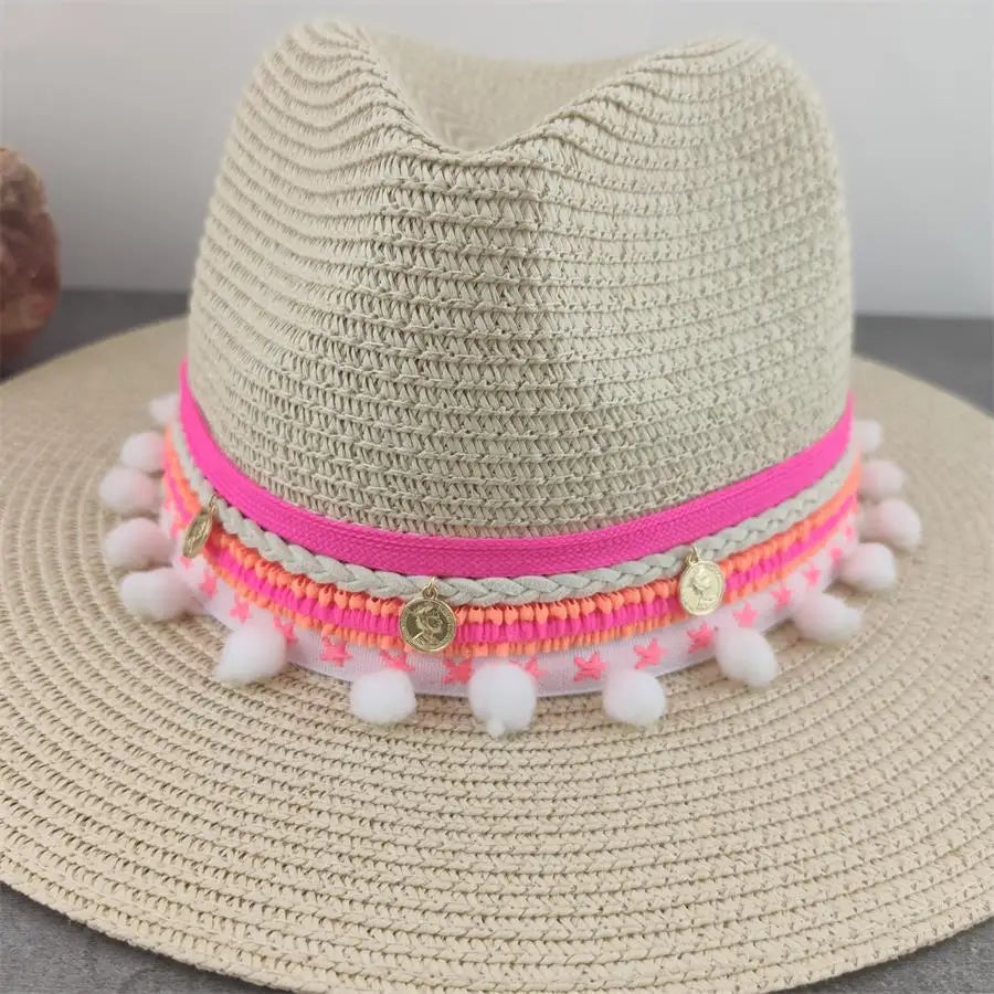 Boho Sun Hat - Flower Straw Hat for Summer | Wide Brim Beach Hat for Vacation & Sun Protection