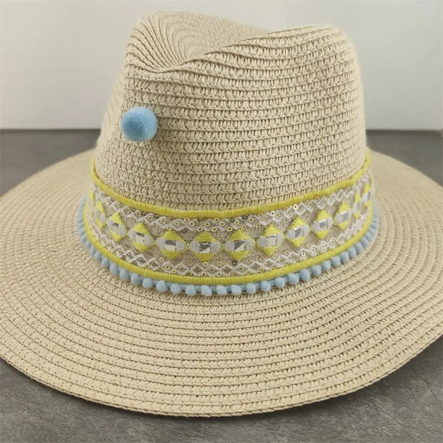 Boho Sun Hat - Flower Straw Hat for Summer | Wide Brim Beach Hat for Vacation & Sun Protection