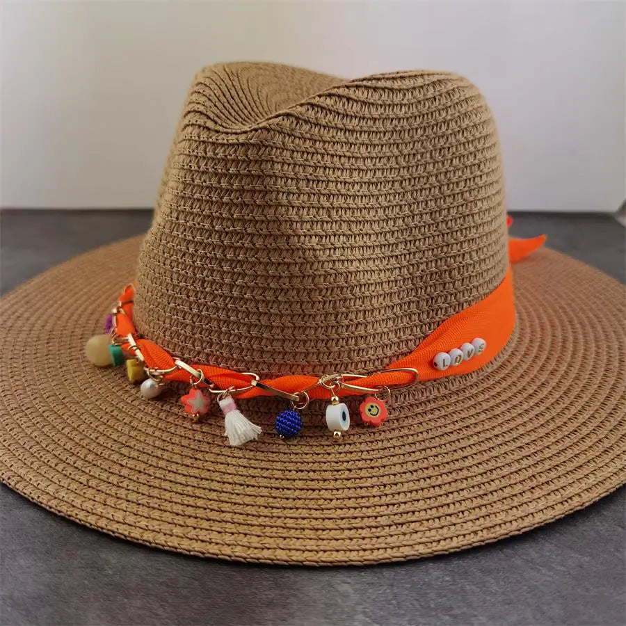 Boho Sun Hat - Flower Straw Hat for Summer | Wide Brim Beach Hat for Vacation & Sun Protection