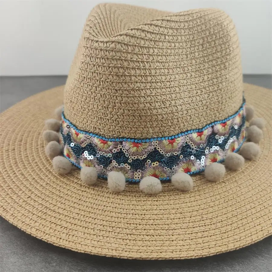Boho Sun Hat - Flower Straw Hat for Summer | Wide Brim Beach Hat for Vacation & Sun Protection