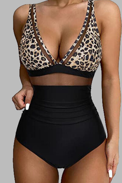 Leopard V-Neck Wide Strap One-Piece Swimwear with removable padding, no underwire, and a stretchy fabric for a comfortable fit.