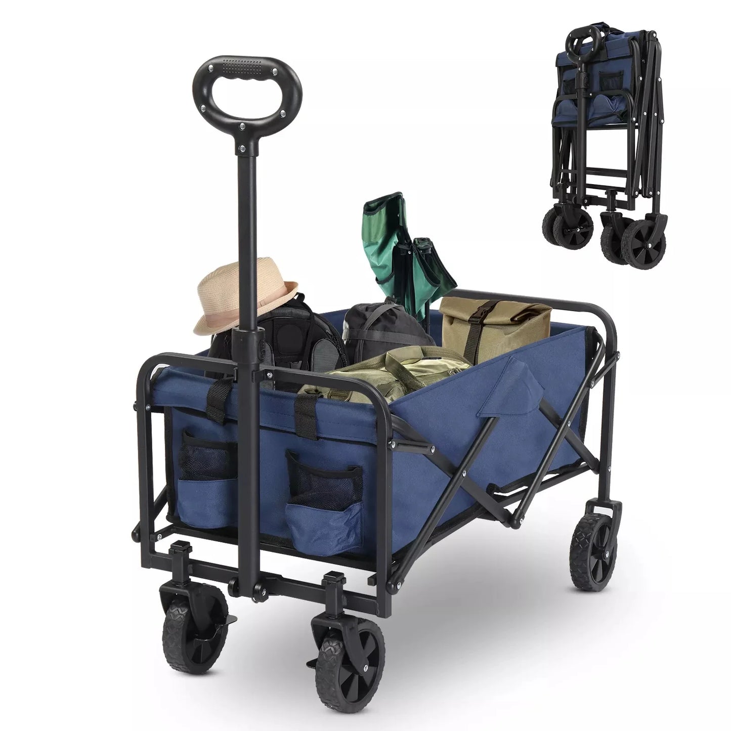 "Collapsible folding wagon cart with 220 lbs capacity for outdoor use"
"Beach cart with adjustable handle and large storage space"
"All-terrain wheels and 600D Oxford fabric folding cart"