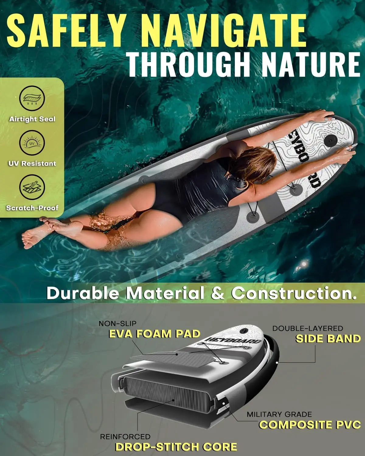 "Inflatable Stand Up Paddleboard 10'6"×32" with adjustable paddle and backpack"
"Non-slip surface Inflatable SUP board with accessories"
"Premium inflatable paddleboard in grey with durable materials"