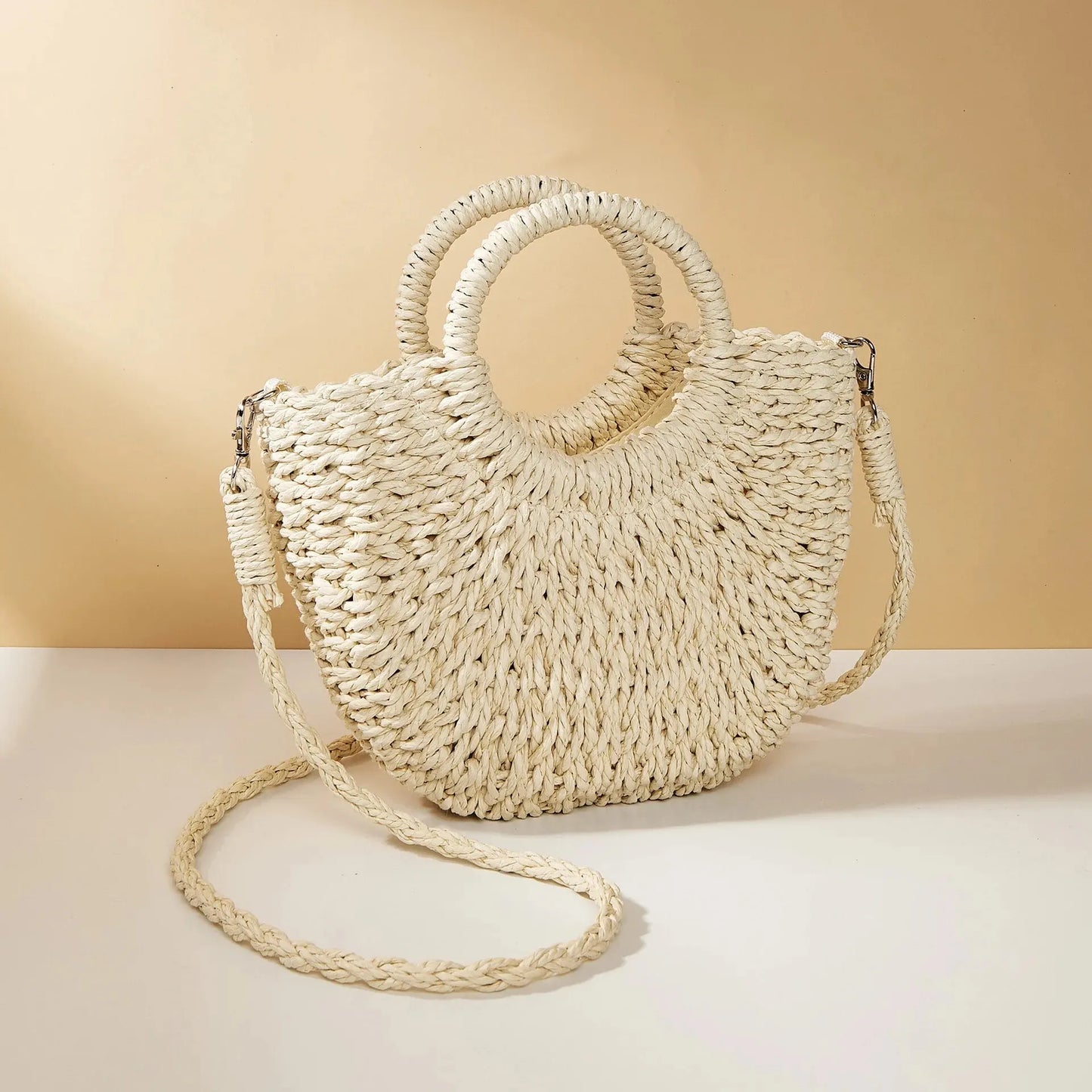 Handwoven Straw Rattan Half-Moon Beach Handbag – Large Capacity Women’s Summer Crossbody & Shoulder Bag with Removable Strap, Hollow Out Design, Fashionable & Lightweight