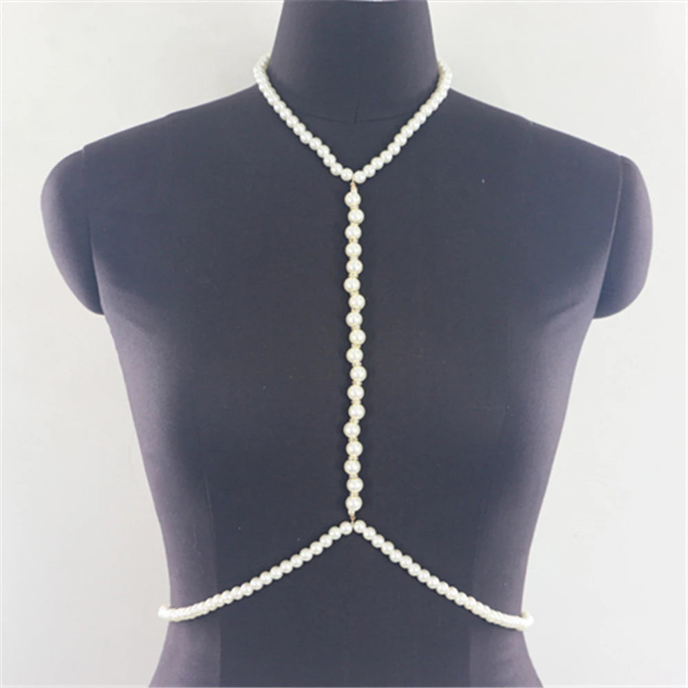 "Close-up of imitation pearl body chain with adjustable fit"