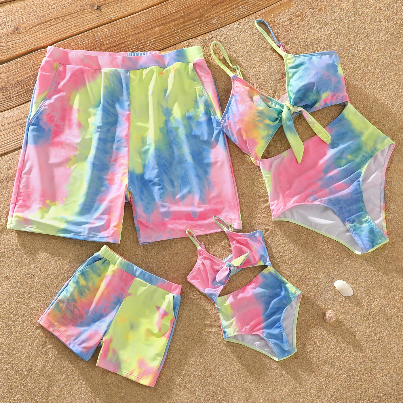 Family Matching Tie-Dye Swimsuits - V-Neck Self-Tie One-Piece for Women/Girls & Swim Trunks for Men/Boys – Casual Beachwear for the Whole Family