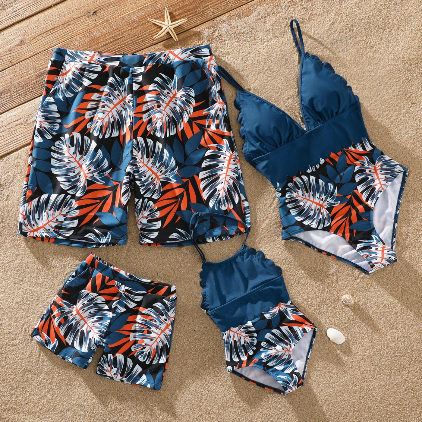 Family Matching Solid Splicing Palm Leaf Print Swimsuits – Spaghetti Strap One-Piece for Women/Girls & Swim Trunks for Men/Boys – Stylish Vacation Beachwear