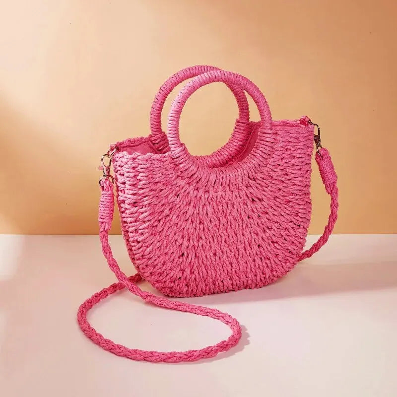 Handwoven Straw Rattan Half-Moon Beach Handbag – Large Capacity Women’s Summer Crossbody & Shoulder Bag with Removable Strap, Hollow Out Design, Fashionable & Lightweight