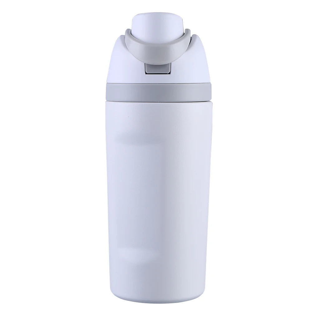 "Close-up of the Owala water bottle with straw and carrying handle"