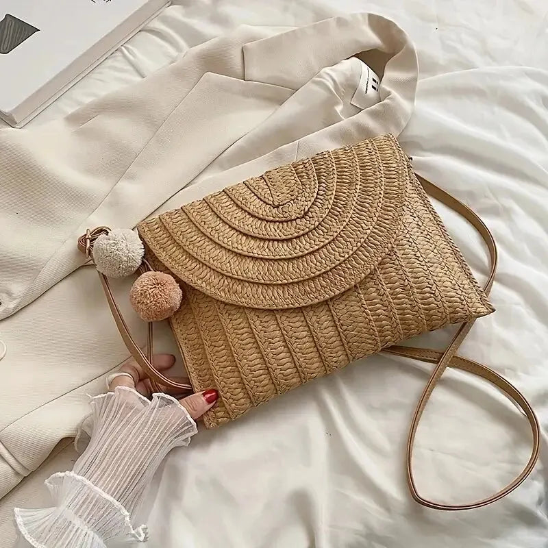 Handmade Straw Beach Shoulder & Crossbody Bag – Envelope Design with Removable Strap, Embroidered Detail & Hair Ball Clutch for Summer