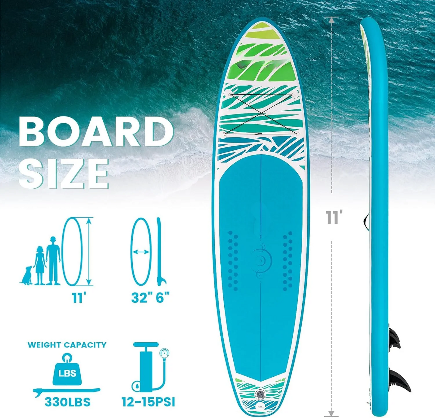 "Inflatable Paddleboard for adults and youth with adjustable paddle and fins"
"11'6" Stand-up Paddleboard with 3 fins and lightweight design"
"Durable PVC material inflatable SUP board for smooth rides"
