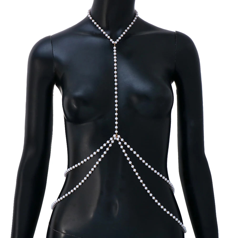 "Close-up of imitation pearl body chain with adjustable fit"