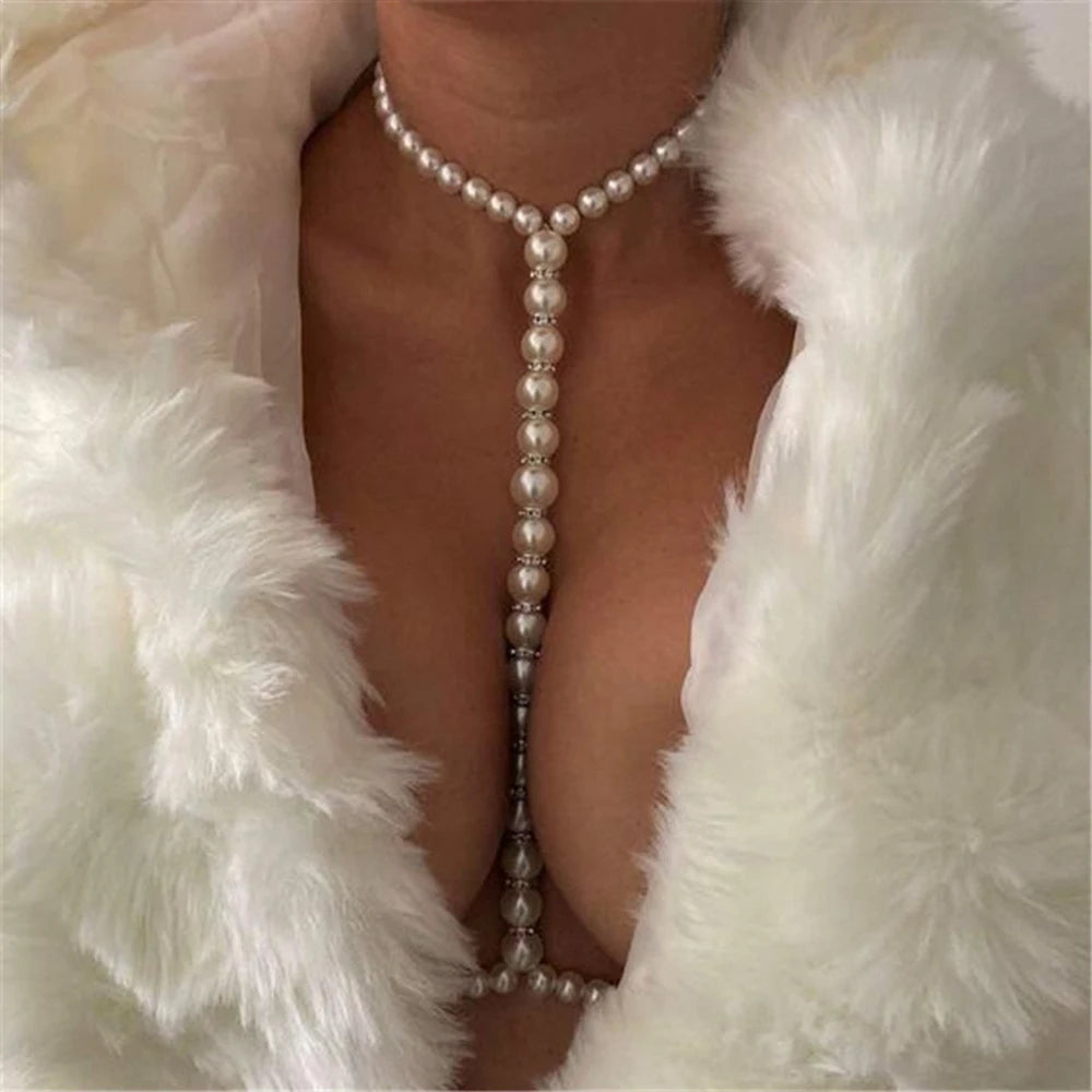 "Sexy pearl body chain for women, silver bikini waist chain"