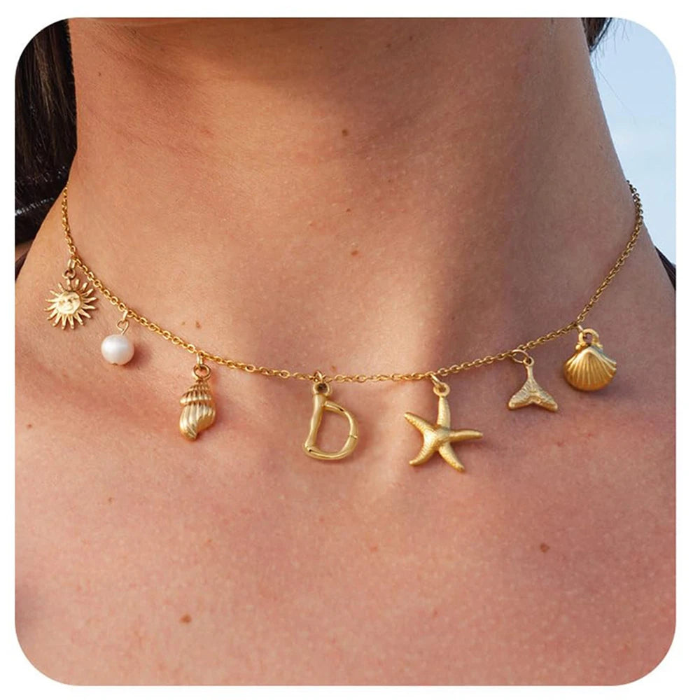 "Personalized Initial Surfer Girl Necklace with Starfish and Pearl Pendant"
"Bohemian Beach Necklace Gift for Women with Initial Pendant"
"Surfer Girl Initial Letter Necklace with Seashell and Starfish"
"Beach Jewelry for Women – Customizable Initial Necklace"