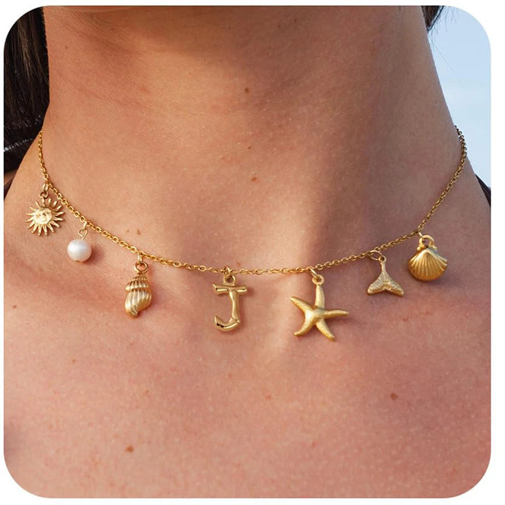 "Personalized Initial Surfer Girl Necklace with Starfish and Pearl Pendant"
"Bohemian Beach Necklace Gift for Women with Initial Pendant"
"Surfer Girl Initial Letter Necklace with Seashell and Starfish"
"Beach Jewelry for Women – Customizable Initial Necklace"