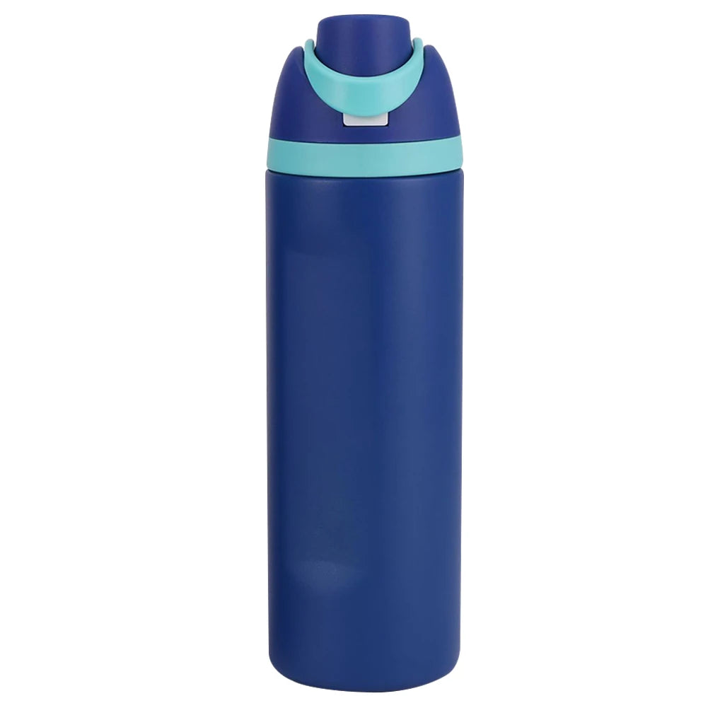 "Close-up of the Owala water bottle with straw and carrying handle"