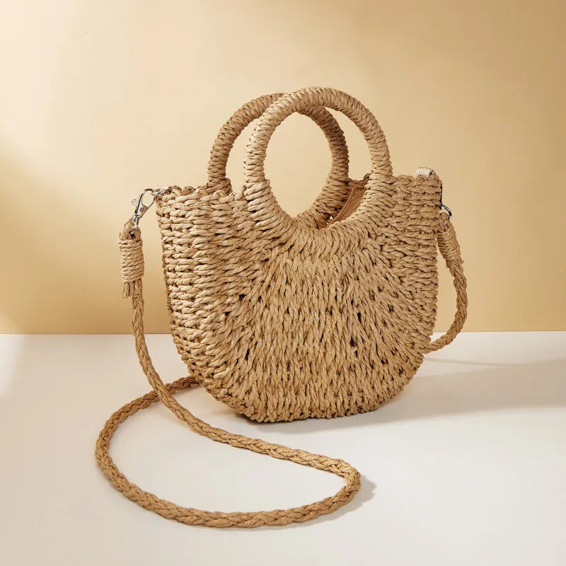Handwoven Straw Rattan Half-Moon Beach Handbag – Large Capacity Women’s Summer Crossbody & Shoulder Bag with Removable Strap, Hollow Out Design, Fashionable & Lightweight