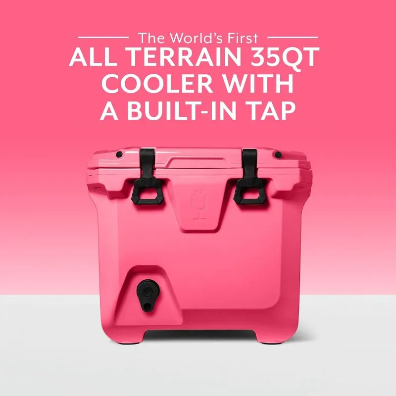 "BrüMate BrüTank cooler with drink dispenser on all-terrain wheels"
"1.8 gallon drink tank cooler for parties and tailgating"