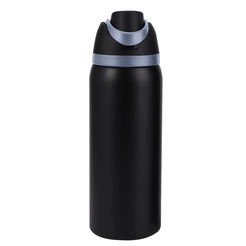 "Close-up of the Owala water bottle with straw and carrying handle"