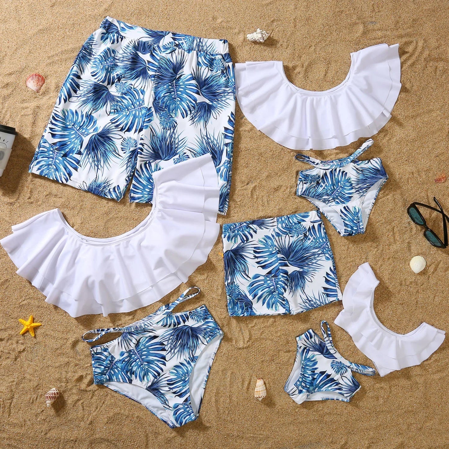 Family Matching Swimwear Set - Summer Two-Piece Bikini for Mom, Dad, and Kids – Printed Ruffles Bathing Suits for Family Look