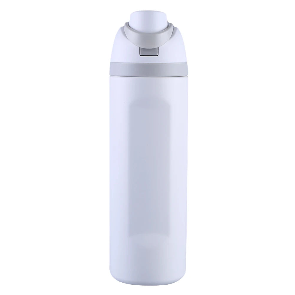 "Close-up of the Owala water bottle with straw and carrying handle"