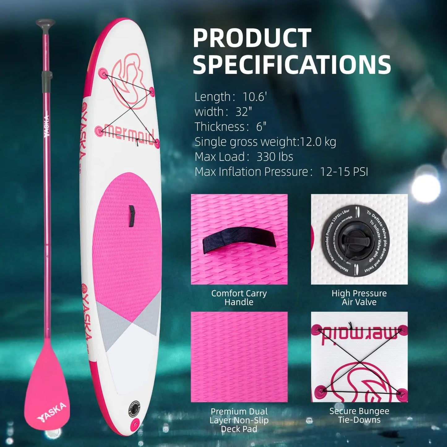 "Inflatable Paddle Board with Adjustable Paddle and Leash"
"Premium SUP board accessories: Hand Pump, Leash, Backpack"
"Stable inflatable paddle board for adults with premium accessories"