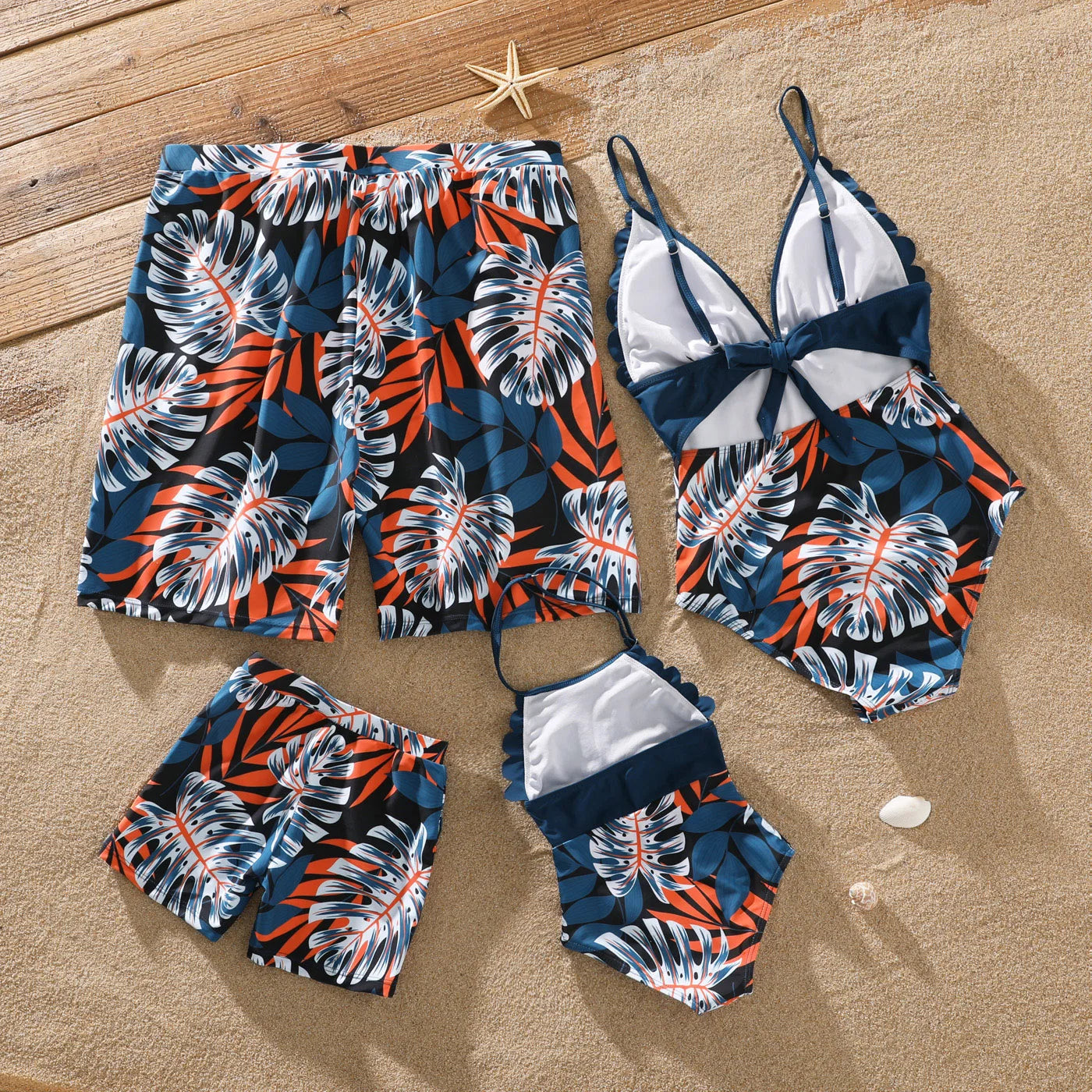 Family Matching Solid Splicing Palm Leaf Print Swimsuits – Spaghetti Strap One-Piece for Women/Girls & Swim Trunks for Men/Boys – Stylish Vacation Beachwear