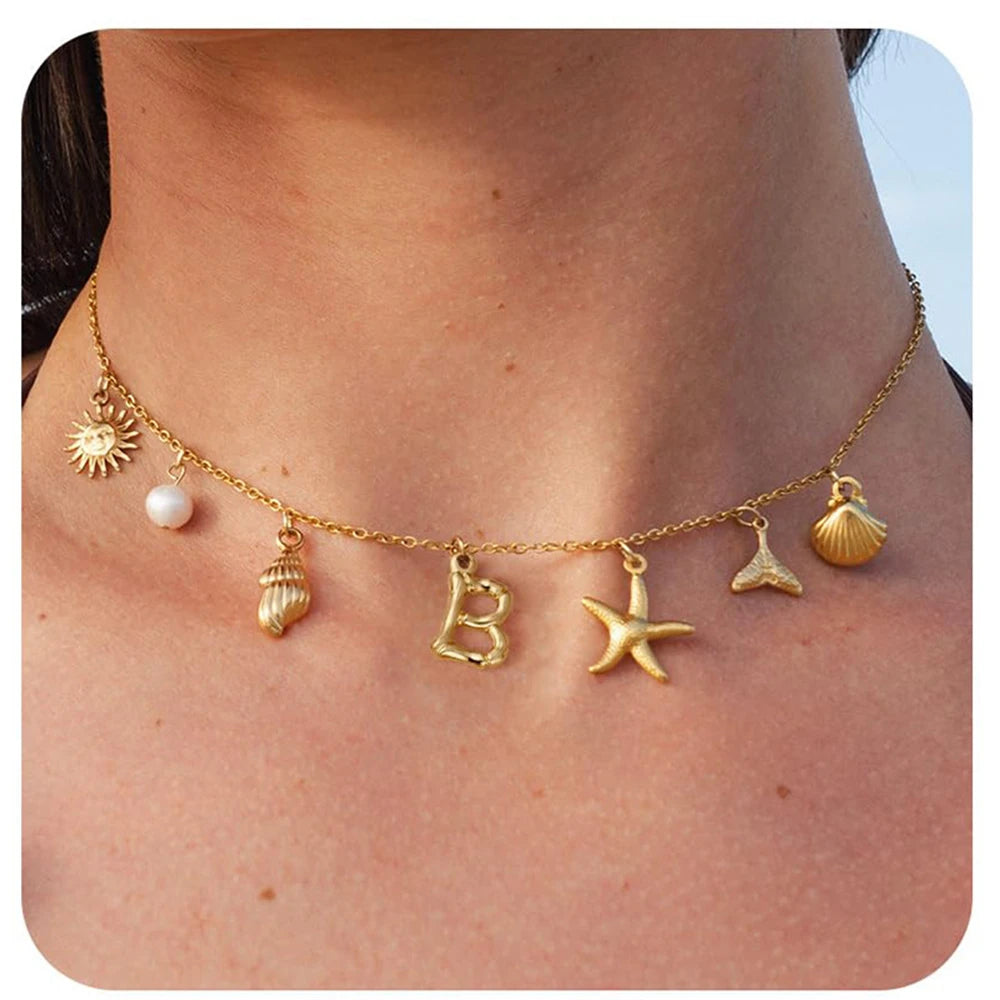 "Personalized Initial Surfer Girl Necklace with Starfish and Pearl Pendant"
"Bohemian Beach Necklace Gift for Women with Initial Pendant"
"Surfer Girl Initial Letter Necklace with Seashell and Starfish"
"Beach Jewelry for Women – Customizable Initial Necklace"