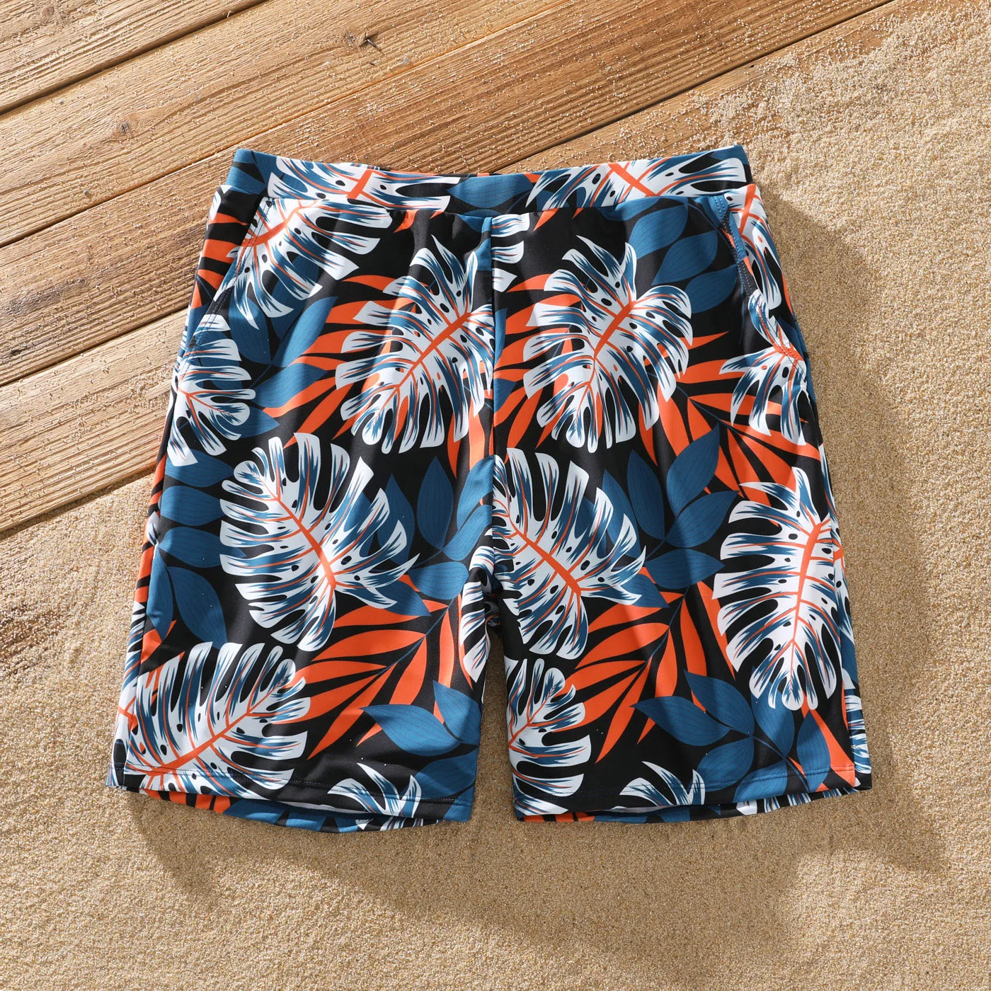 Family Matching Solid Splicing Palm Leaf Print Swimsuits – Spaghetti Strap One-Piece for Women/Girls & Swim Trunks for Men/Boys – Stylish Vacation Beachwear