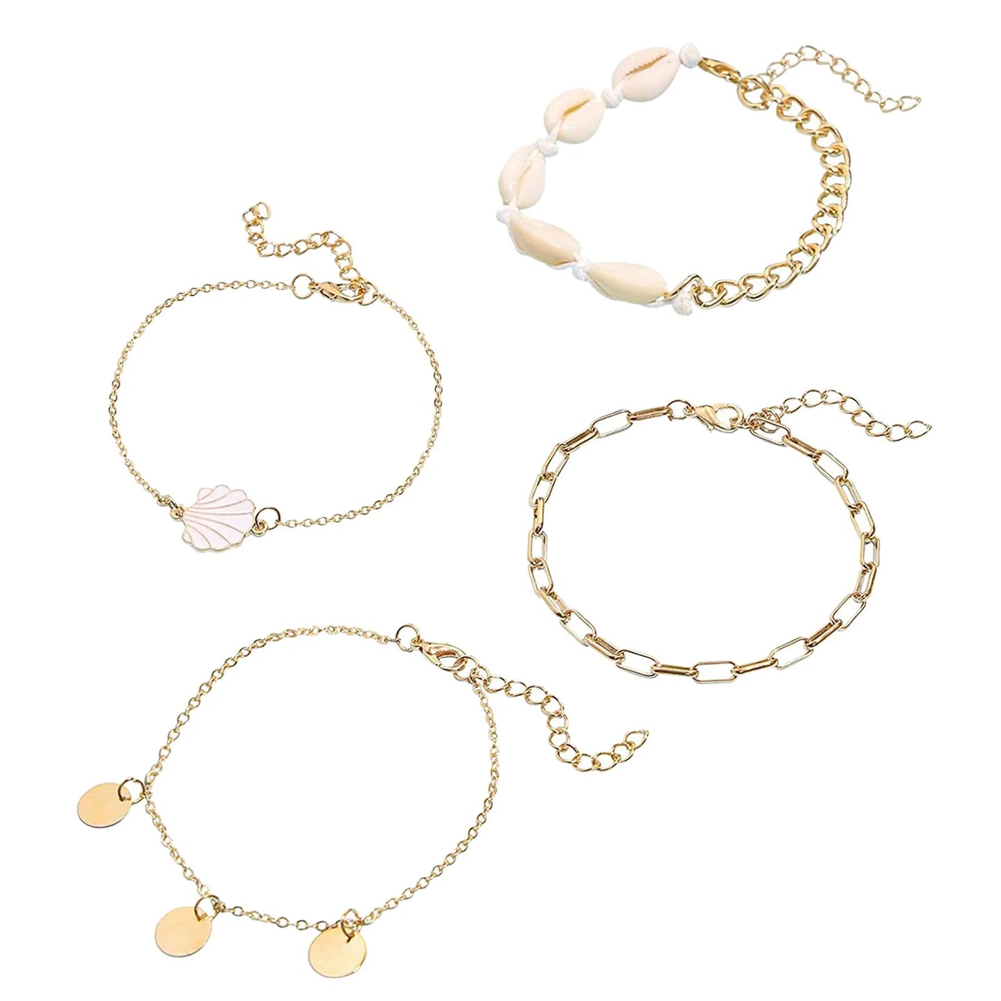 "Close-up of 4-piece anklet set featuring pearl and scallop charms"