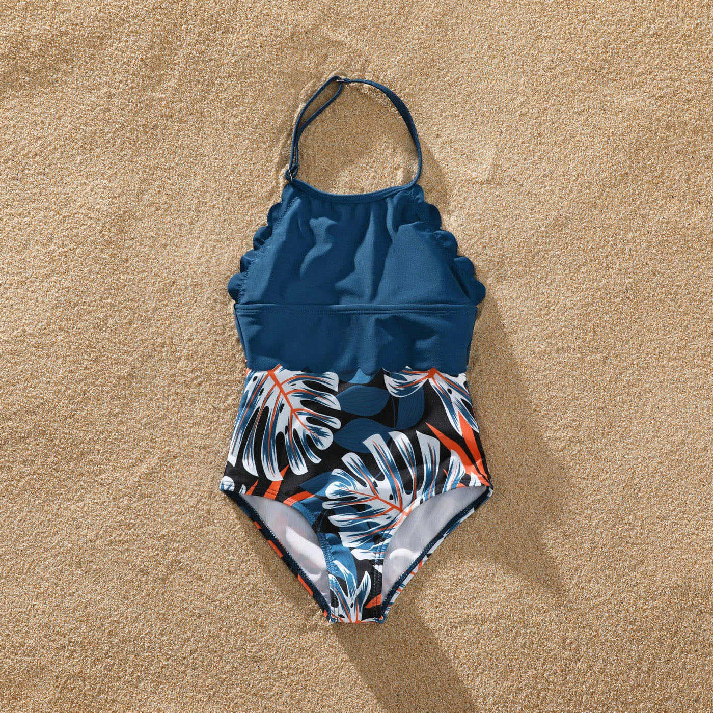 Family Matching Solid Splicing Palm Leaf Print Swimsuits – Spaghetti Strap One-Piece for Women/Girls & Swim Trunks for Men/Boys – Stylish Vacation Beachwear