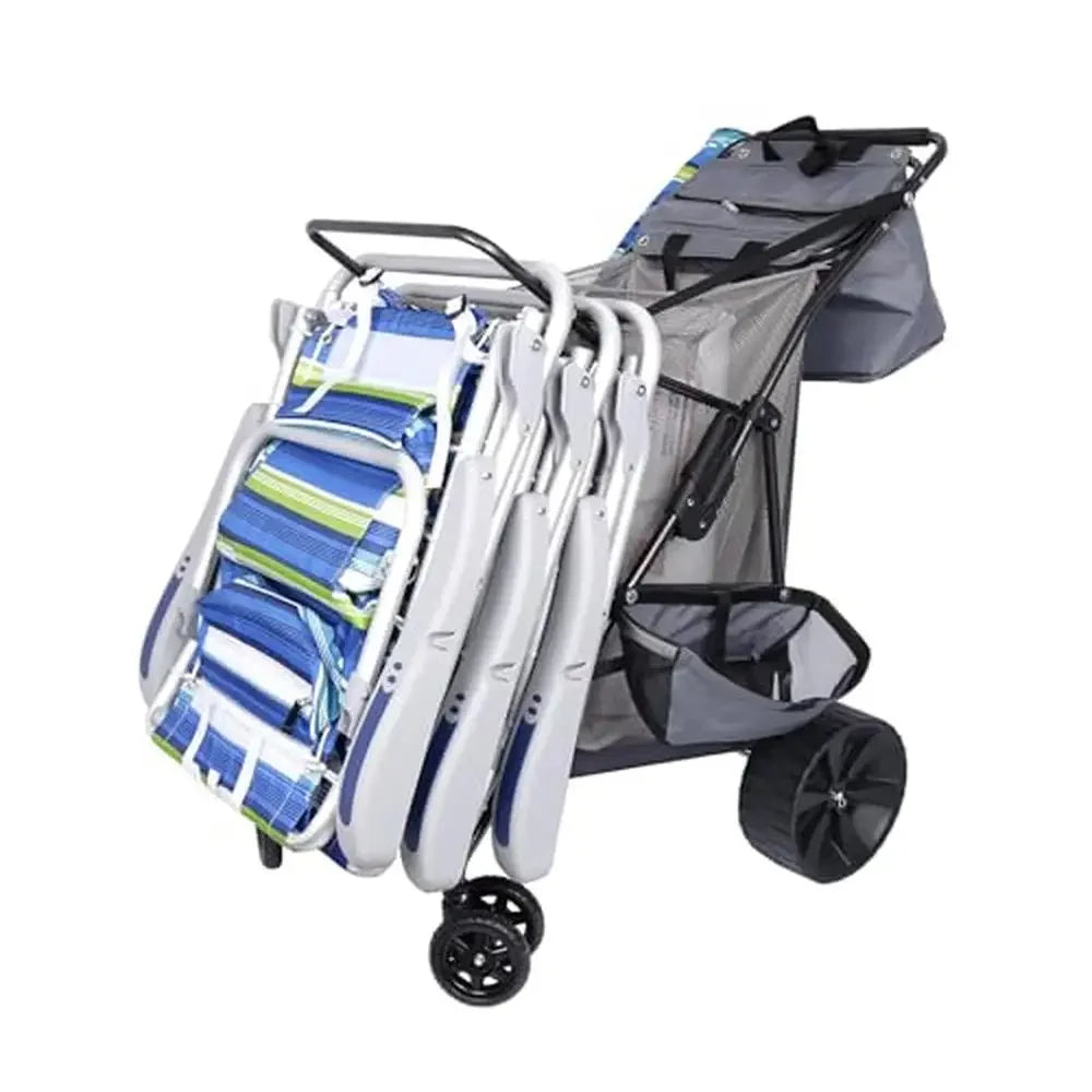 "Ultimate Beach Cart with Balloon Wheels on Sand," "Beach Cart with Insulated Cooler Bag and Umbrella Holder."