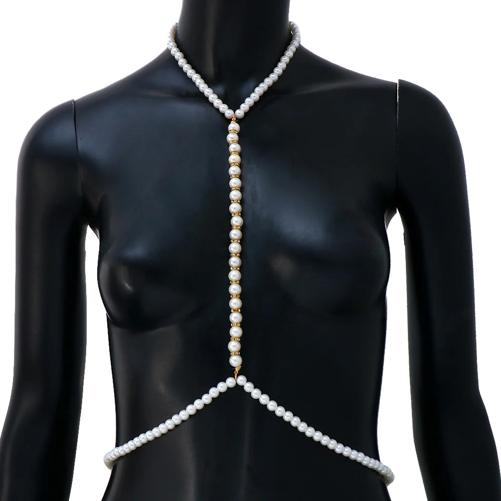 "Close-up of imitation pearl body chain with adjustable fit"
