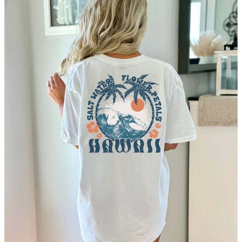 Hawaii T-shirt - Loose Beachy Cotton Tee with Palm Trees | Trendy Summer Graphic Tees for Women