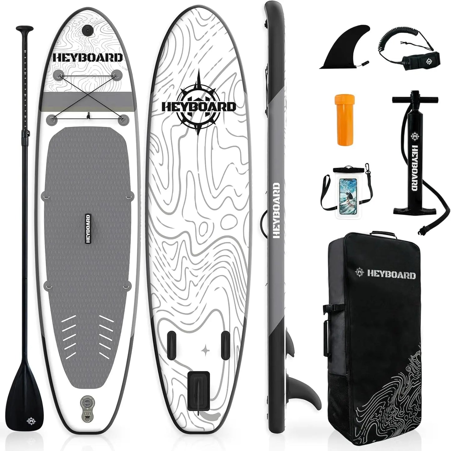 "Inflatable Stand Up Paddleboard 10'6"×32" with adjustable paddle and backpack"
"Non-slip surface Inflatable SUP board with accessories"
"Premium inflatable paddleboard in grey with durable materials"