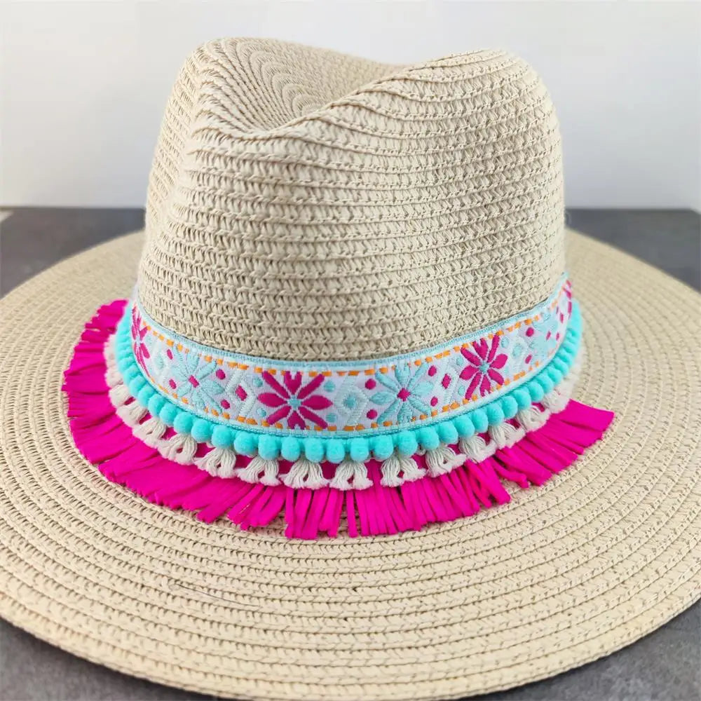 Boho Sun Hat - Flower Straw Hat for Summer | Wide Brim Beach Hat for Vacation & Sun Protection