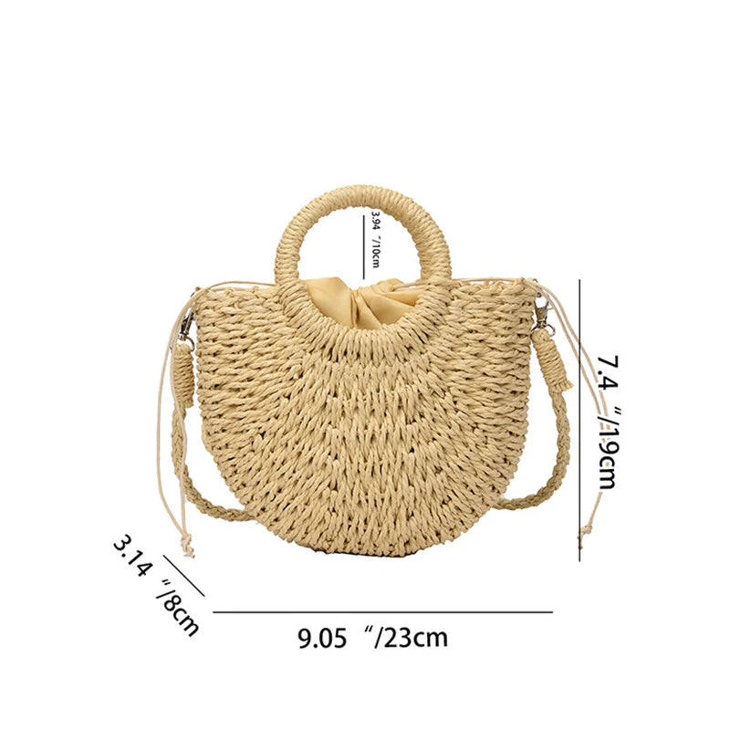 Handwoven Straw Rattan Half-Moon Beach Handbag – Large Capacity Women’s Summer Crossbody & Shoulder Bag with Removable Strap, Hollow Out Design, Fashionable & Lightweight