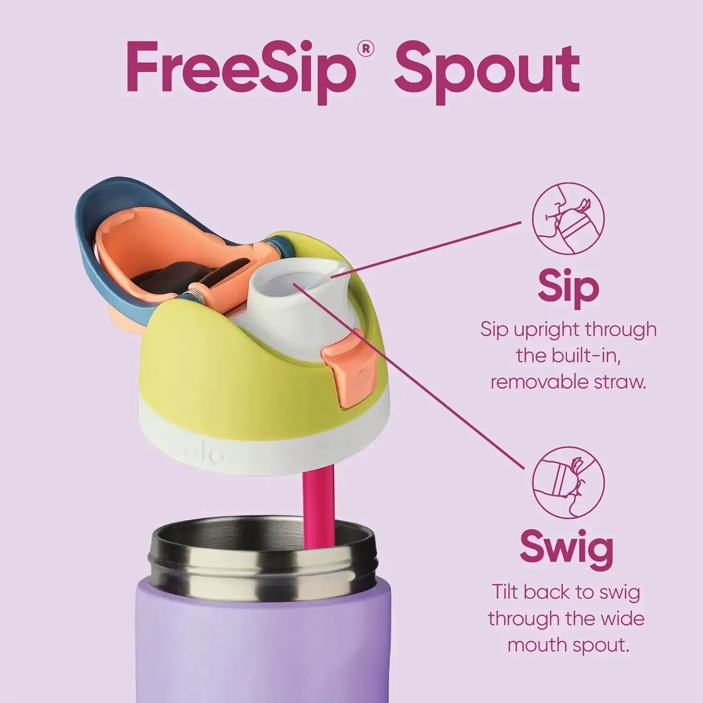 "Close-up of the Owala water bottle with straw and carrying handle"
