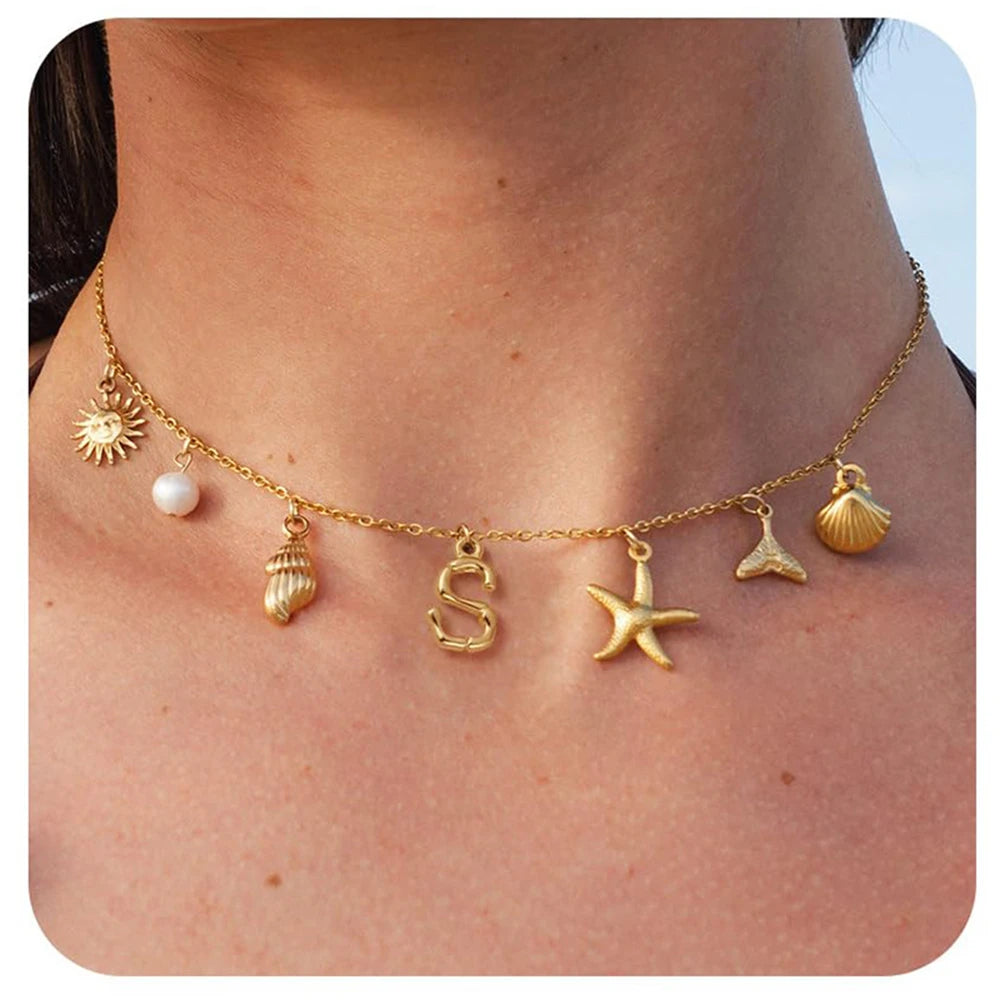 "Personalized Initial Surfer Girl Necklace with Starfish and Pearl Pendant"
"Bohemian Beach Necklace Gift for Women with Initial Pendant"
"Surfer Girl Initial Letter Necklace with Seashell and Starfish"
"Beach Jewelry for Women – Customizable Initial Necklace"